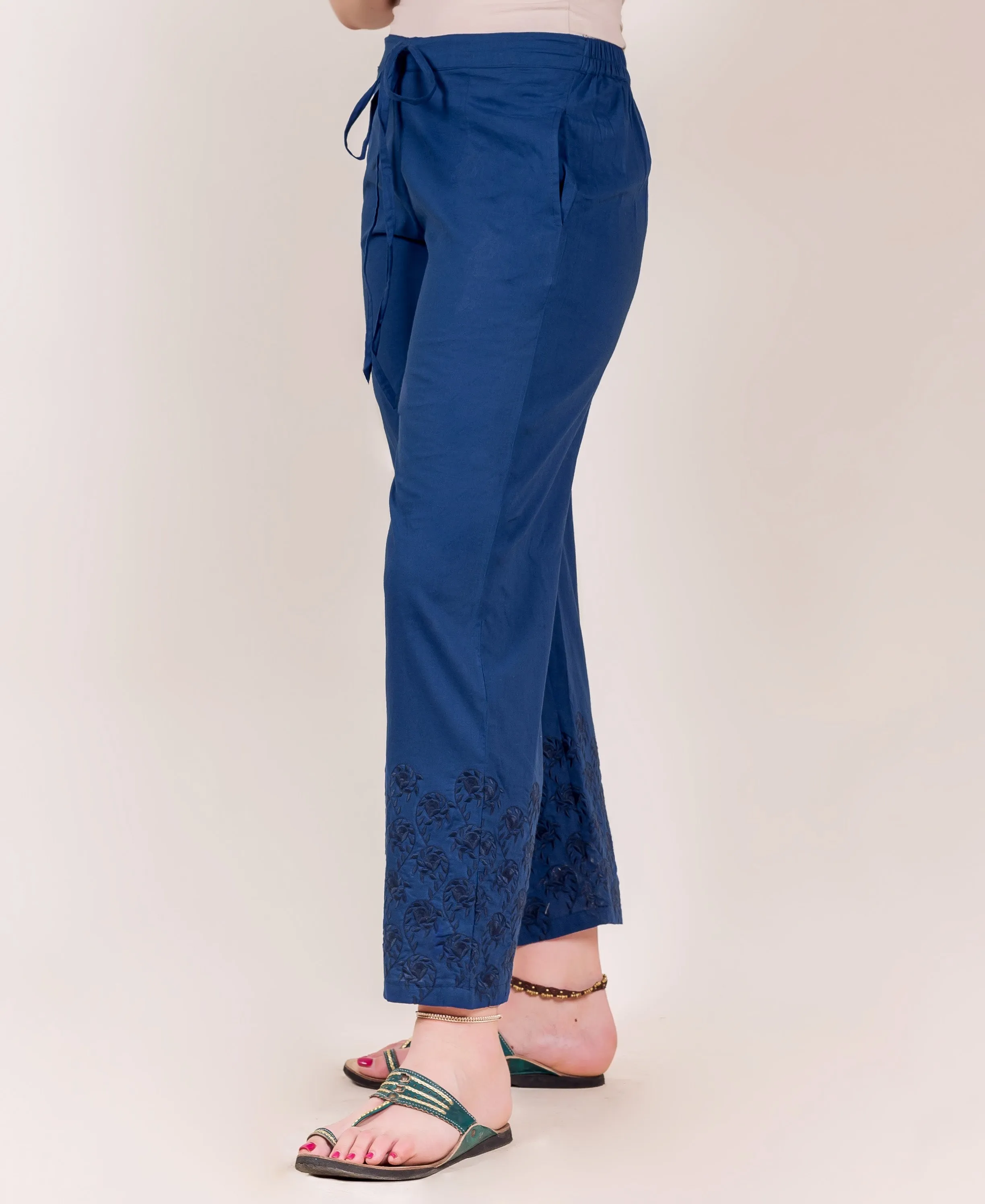 Indigo  Embroidered Straight Fit Palazzo